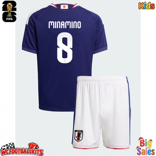 Japan Takumi Minamino #8 Replica Home Stadium Kit for Kids World Cup 2026 Short Sleeve (+ pants)